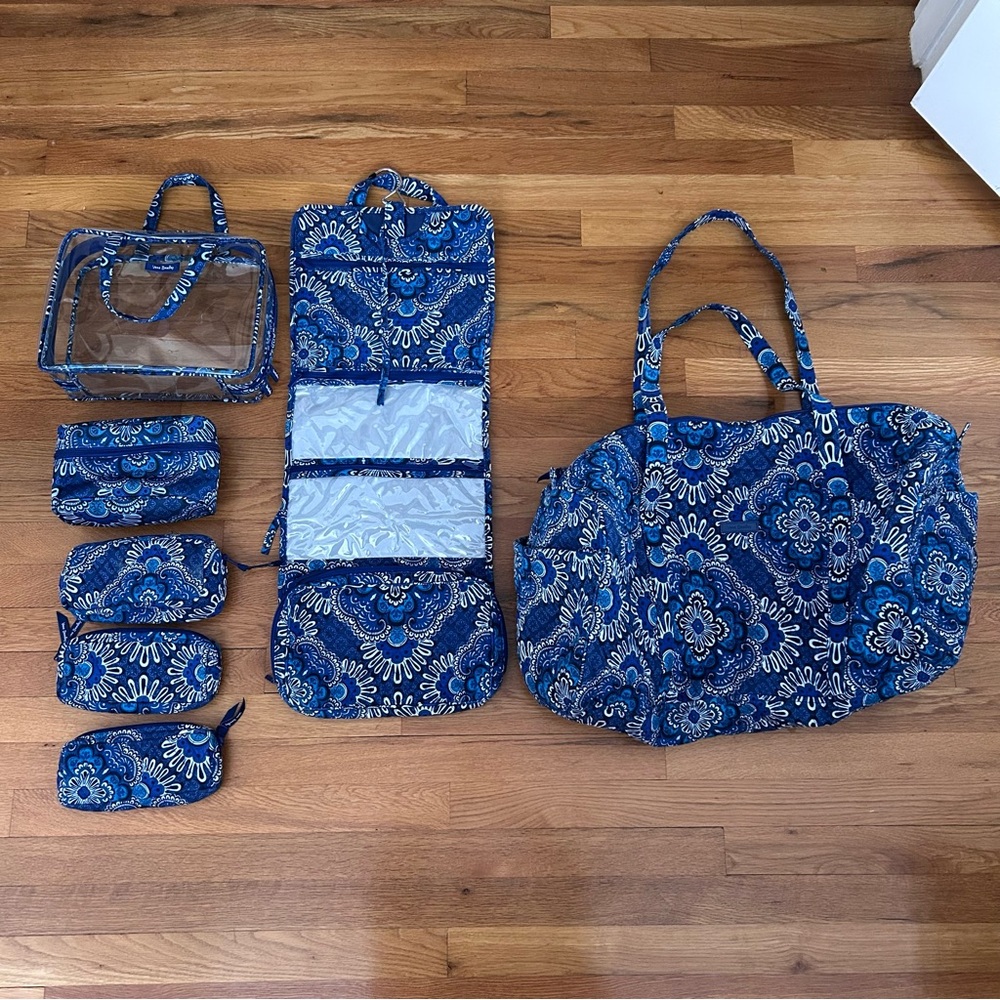 Vera Bradley Blue Tapestry Bundle: Duffel, Toiletry Bag, Makeup Bag, Travel Bag